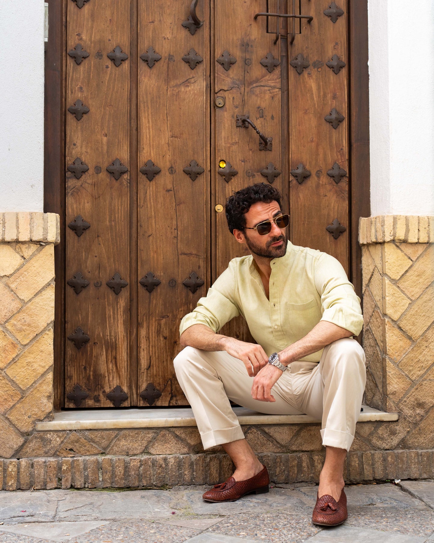 Light Olive Green Slub Linen Summer Shirt