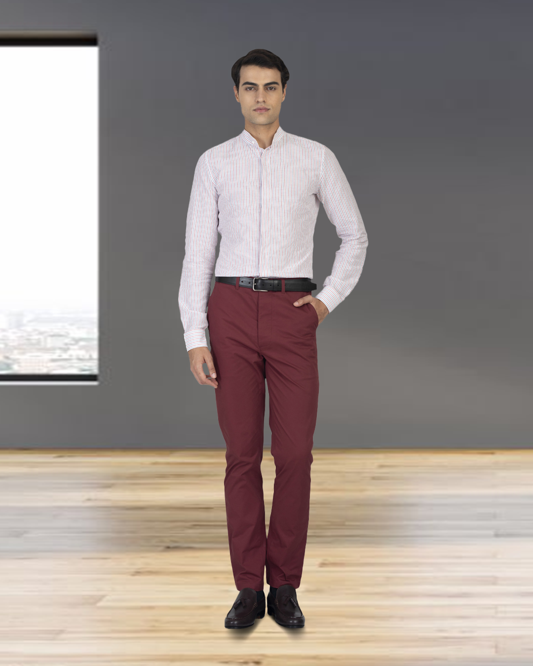 Model wearing custom Genoa Chino pants for men by Luxire in plum hand in pocket
