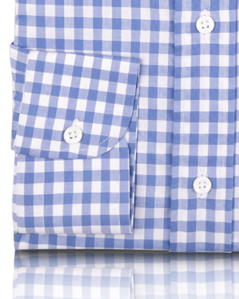 Close up view of custom check shirts for men by Luxire light blue checks on white