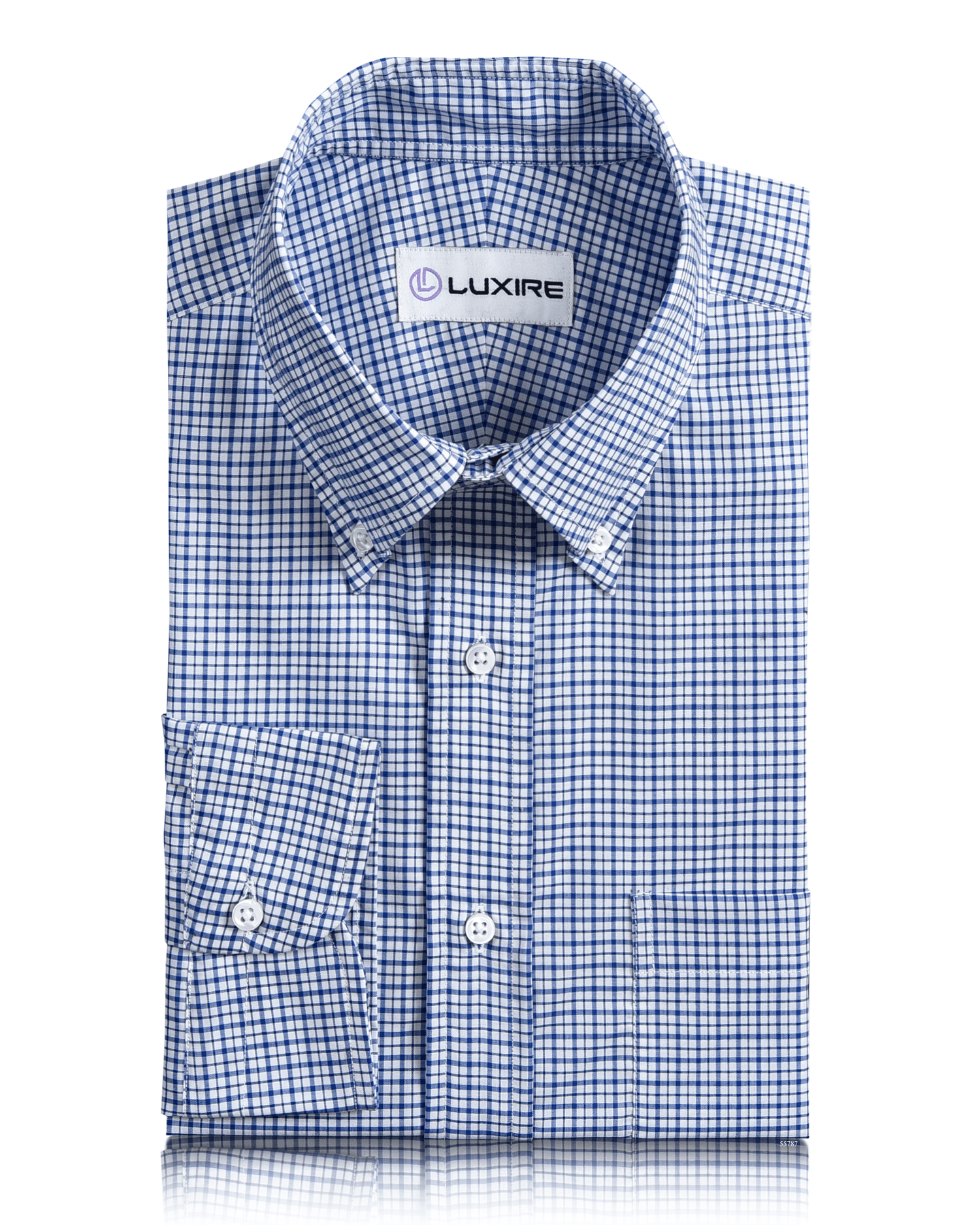 Front view of custom check shirts for men by Luxire navy checks on white