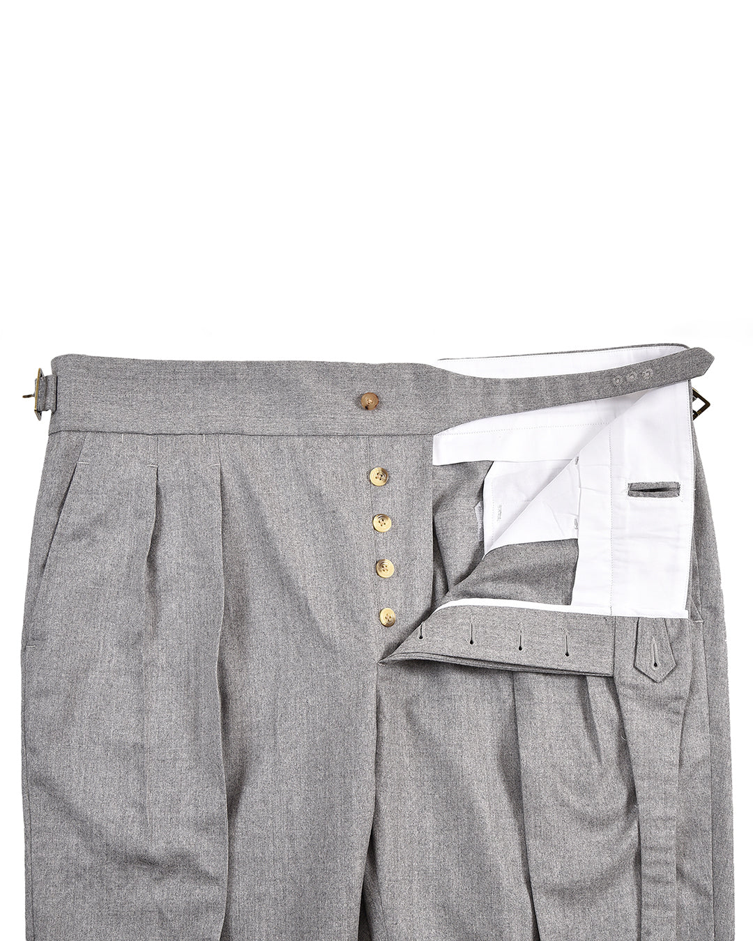 Front open view of Gurkha Pant in Vitale Barberis Canonico Flannels Light Grey