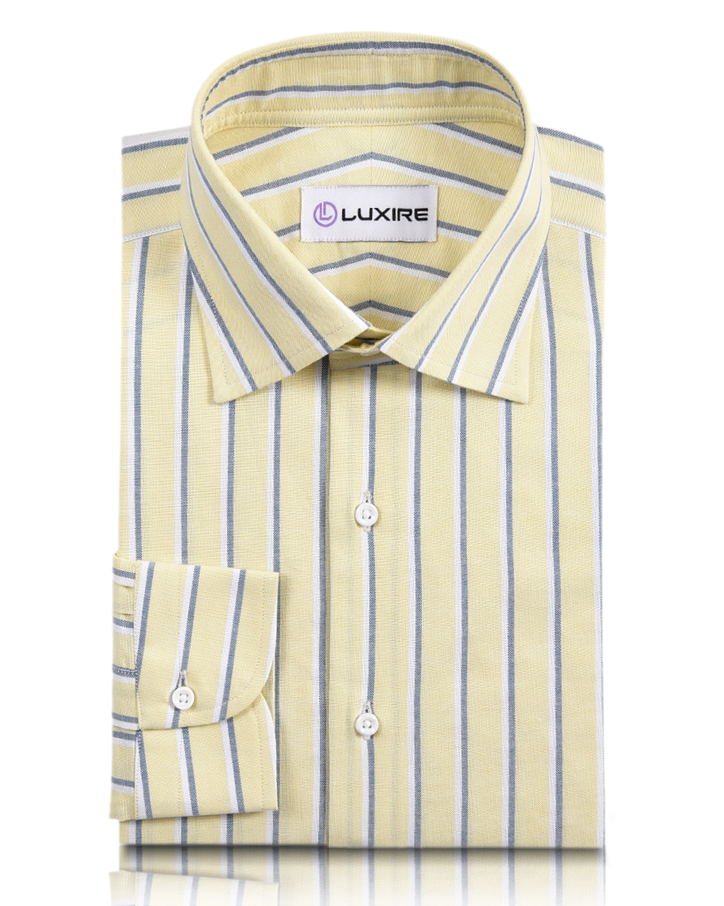 Front of the custom oxford shirt for men by Luxire in pale yellow with indigo and white stripes