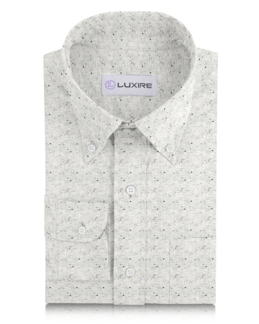 Front of the custom oxford polo shirt for men by Luxire in speckled light grey