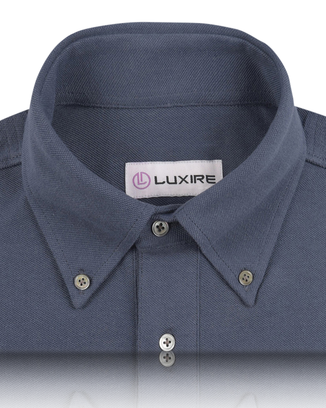 Collar of the custom oxford polo shirt for men by Luxire in lead grey