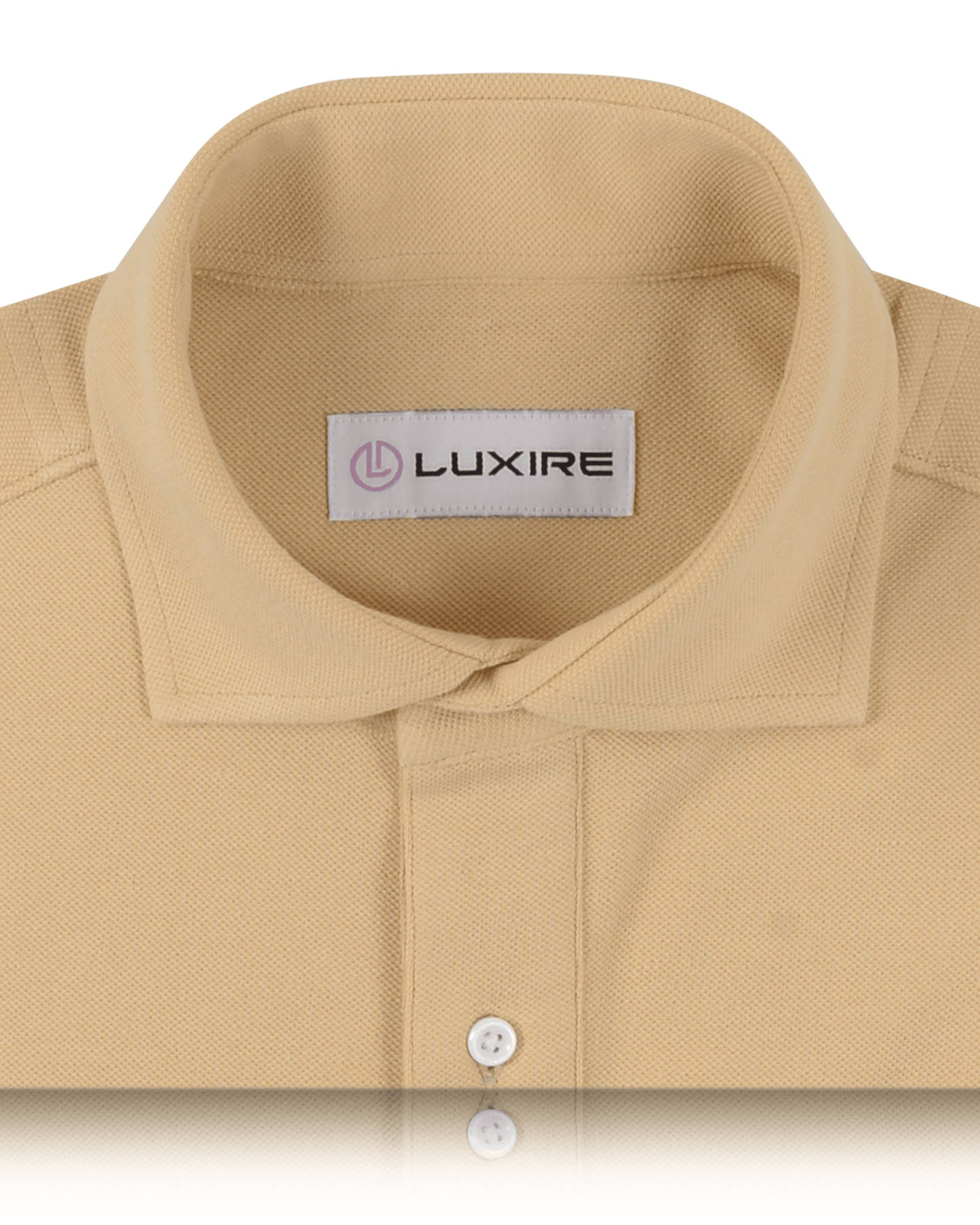 Collar of the custom oxford polo shirt for men by Luxire in light sand