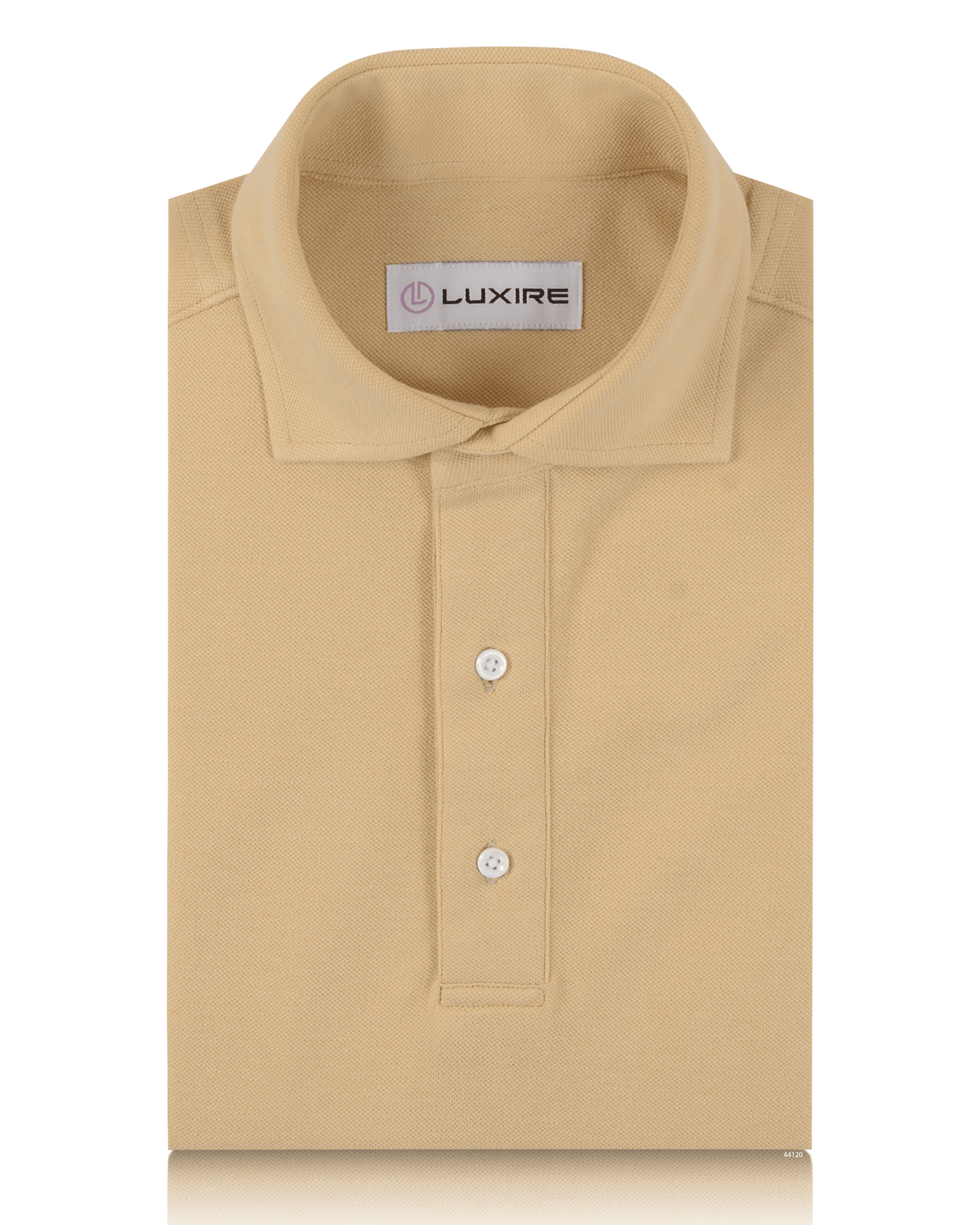Front of the custom oxford polo shirt for men by Luxire in light sand