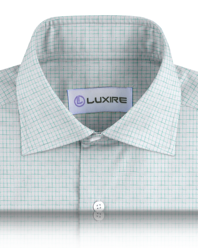 Collar of the custom linen shirt for men in aqua green graph by Luxire Clothing