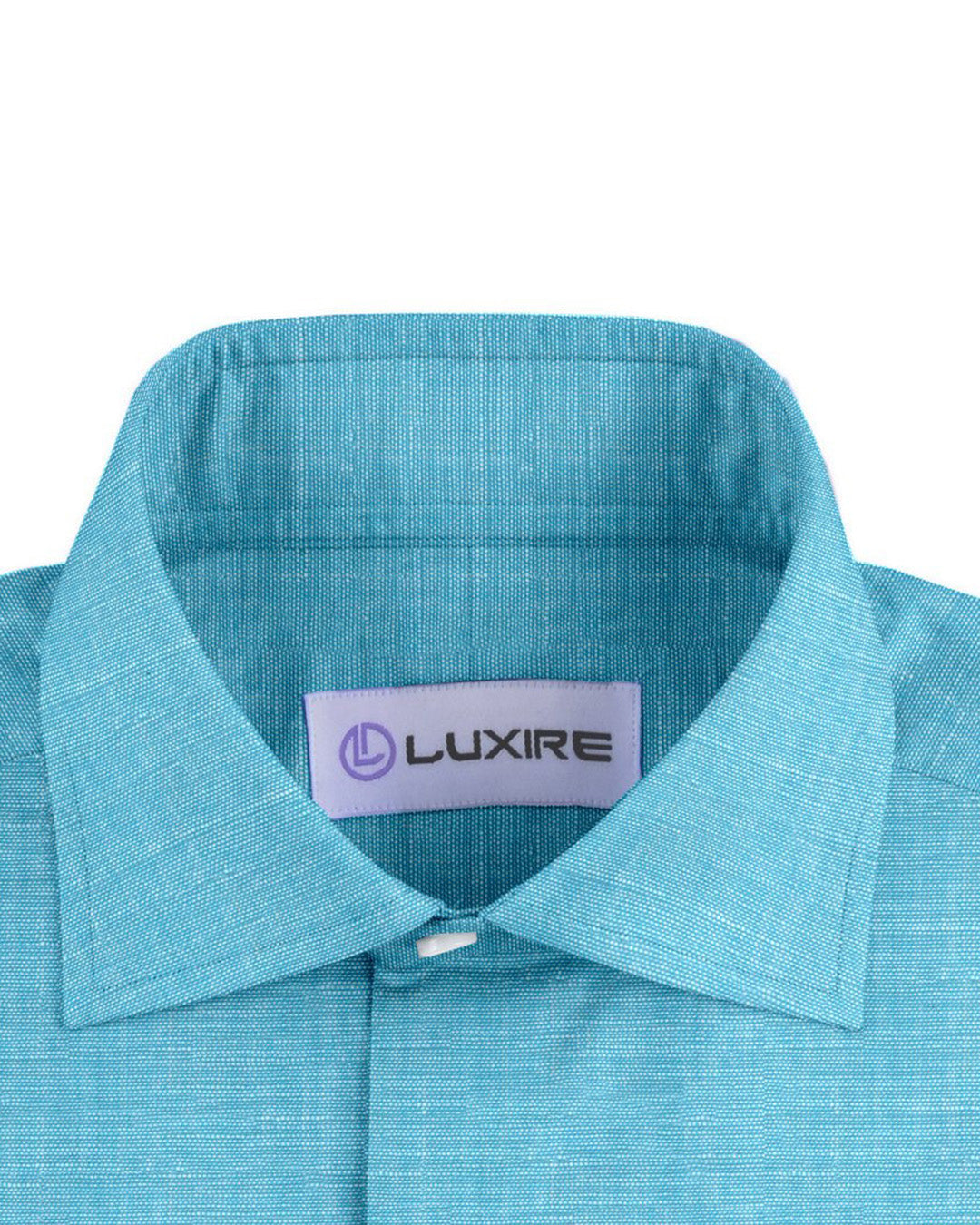 Collar of the custom linen shirt for men in sky blue by Luxire Clothing