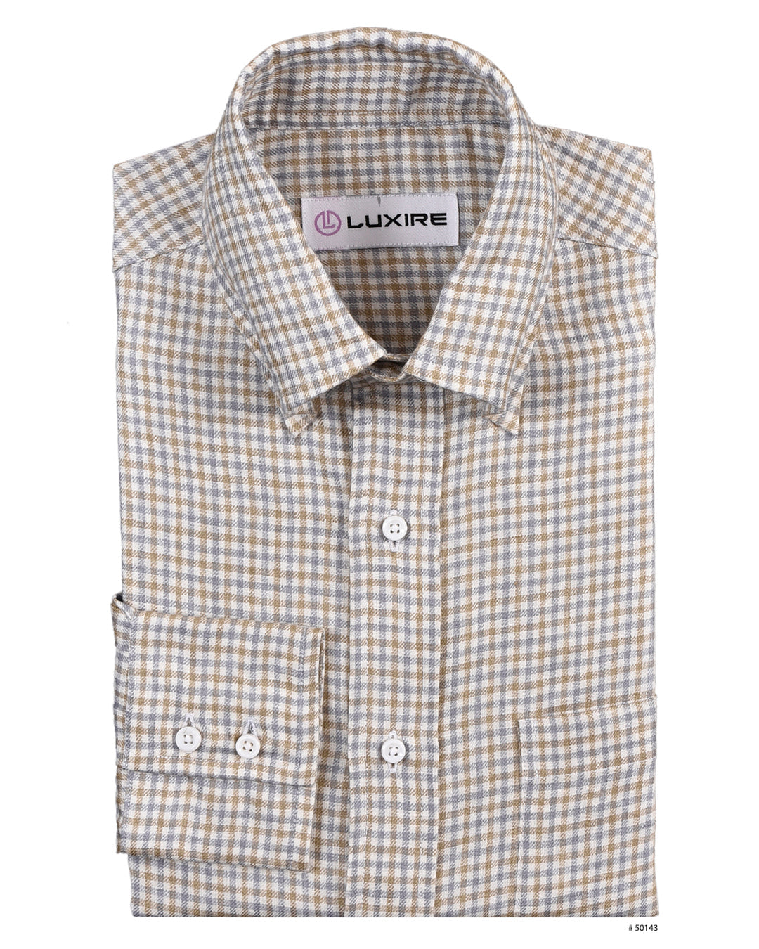 Front of the custom linen shirt for men in brozne and silver checks by Luxire Clothing