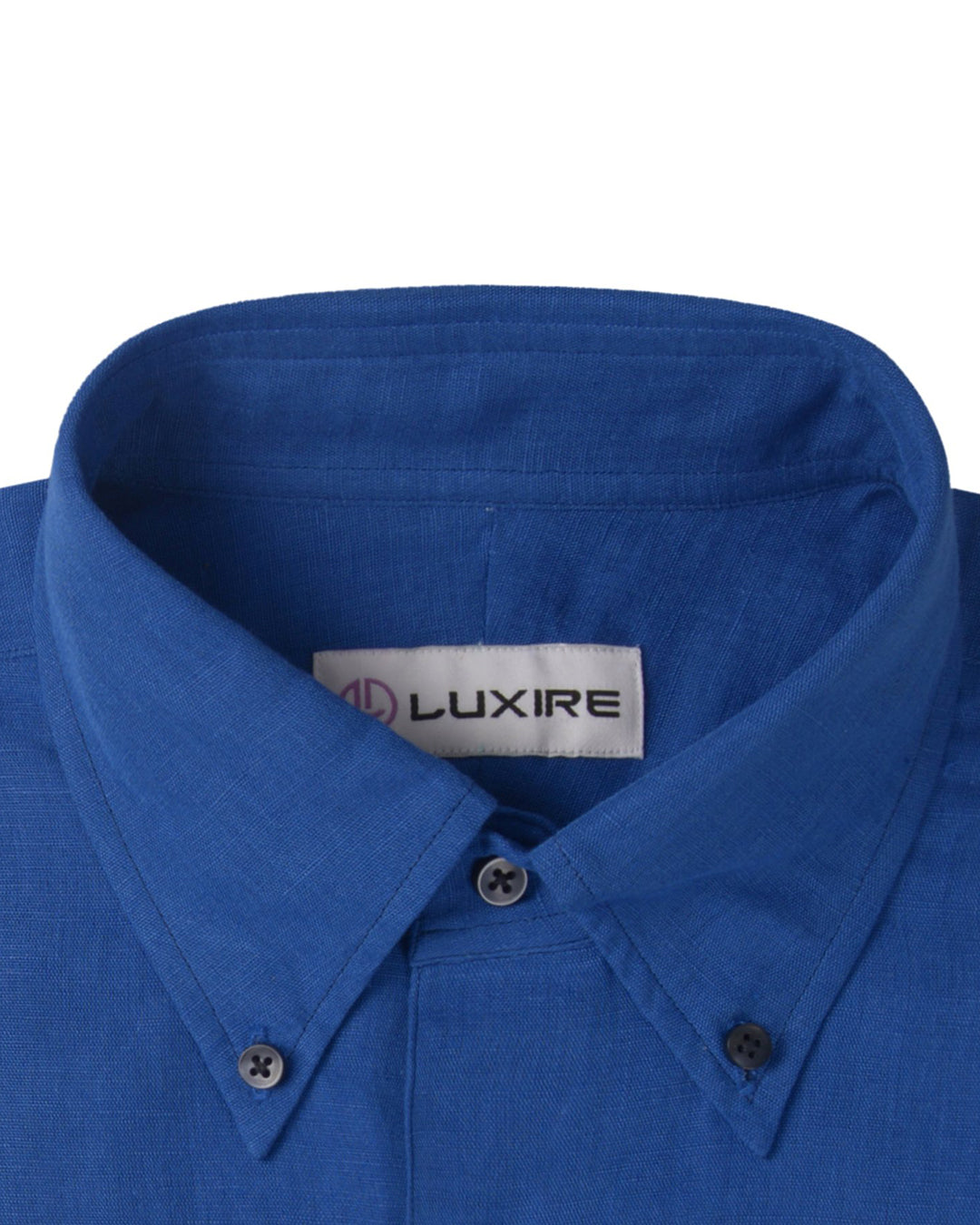 Collar of custom linen shirt for men in casual blue by Luxire Clothing
