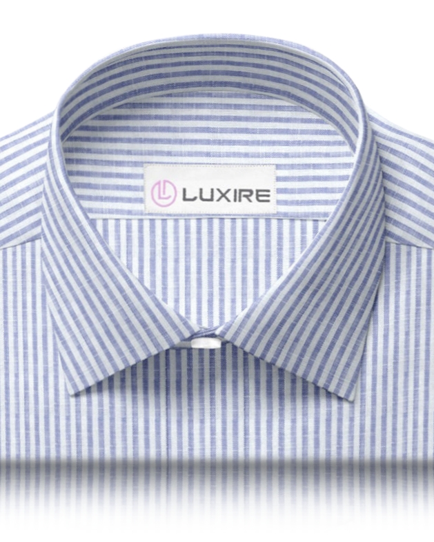 Collar of custom linen shirt for men in blue and white dress stripes by Luxire Clothing