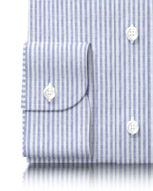 Cuff of custom linen shirt for men in blue and white dress stripes by Luxire Clothing