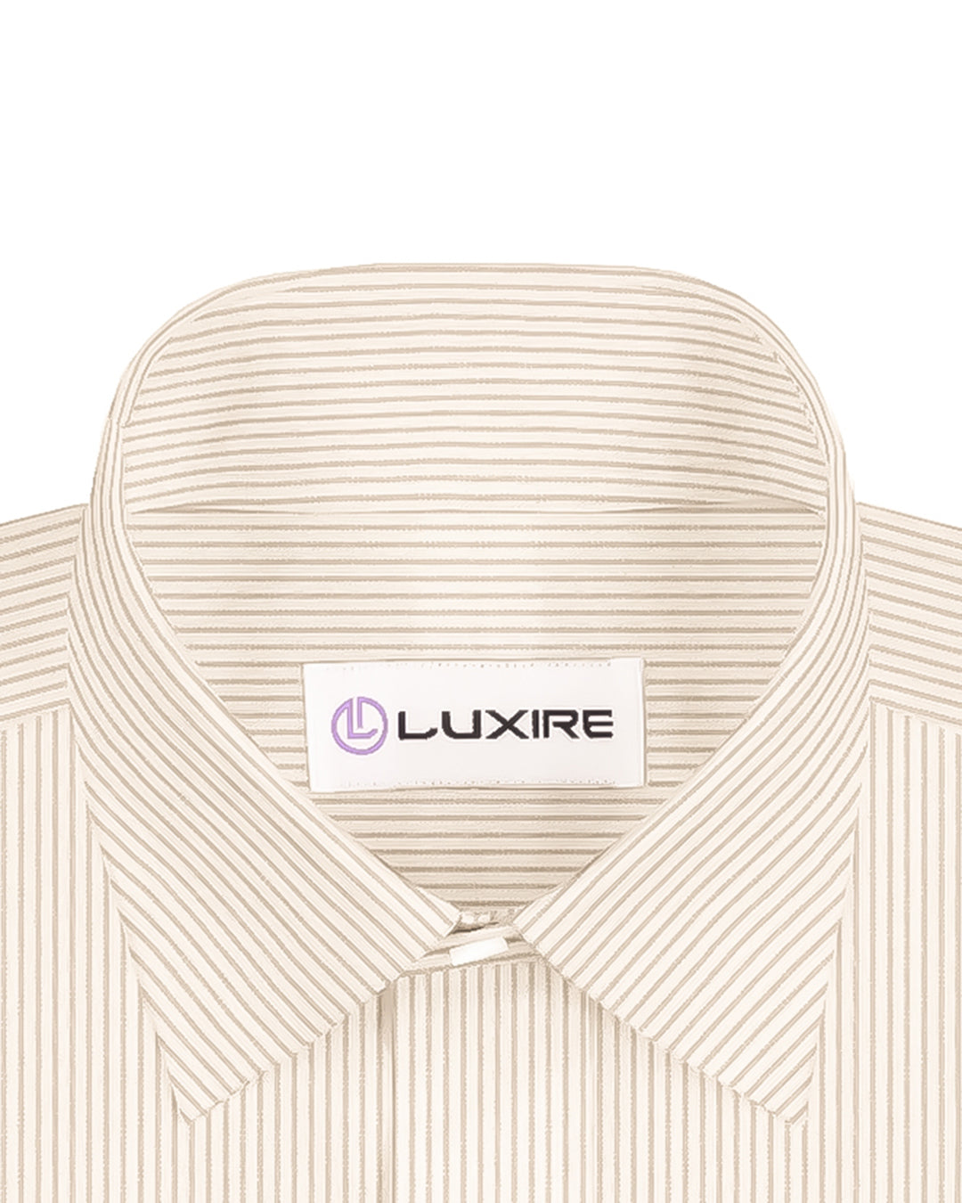 Collar of the custom linen shirt for men in white with brown dress stripes by Luxire Clothing