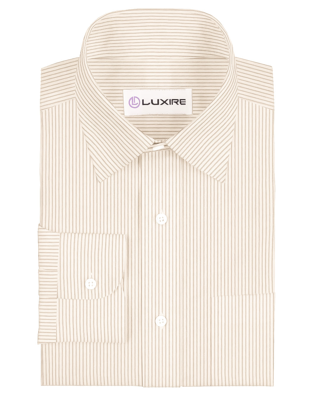 Front of the custom linen shirt for men in white with brown dress stripes by Luxire Clothing