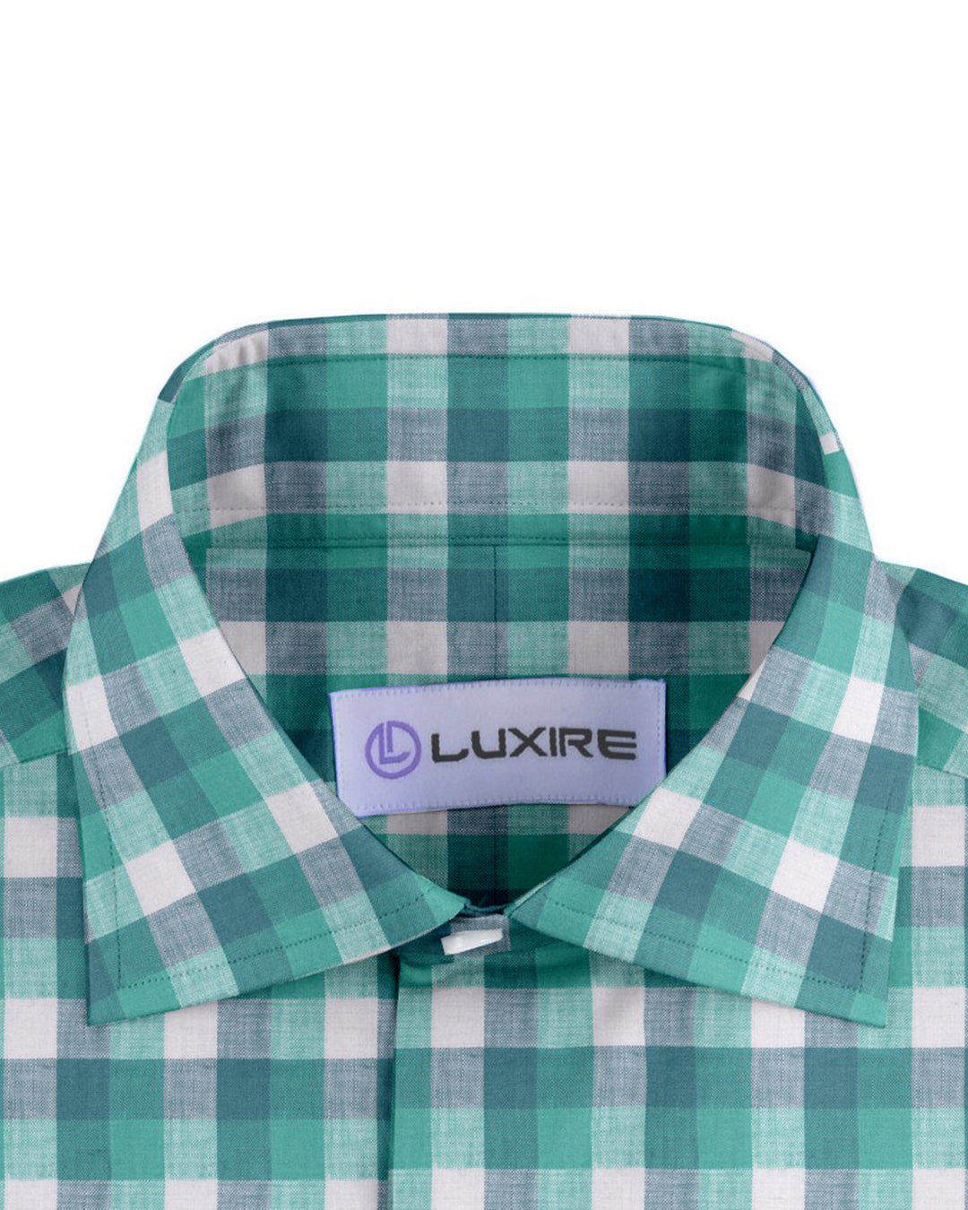 Collar of the custom linen shirt for men in shades of green by Luxire Clothing