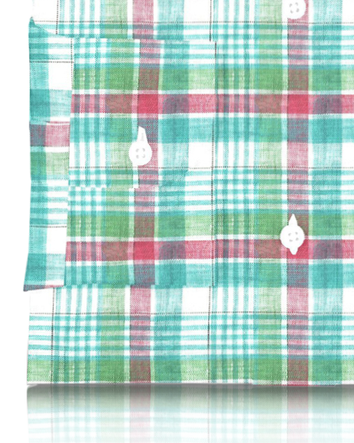 Cuff of custom linen shirt for men in green red madras
