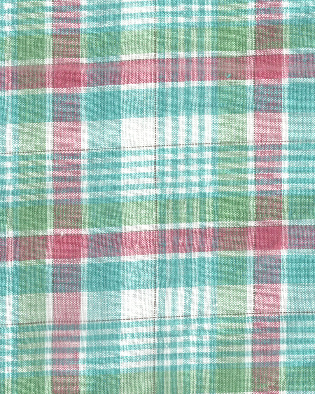 Close up view of custom linen shirt for men in green red madras