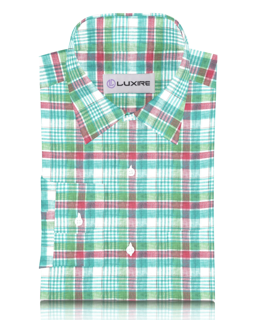 Front view of custom linen shirt for men in green red madras
