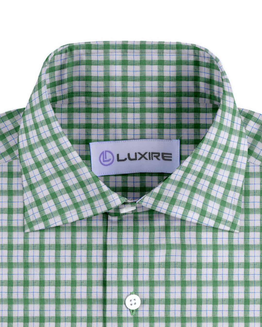 Collar of the custom linen shirt for men in green and blue checks on white by Luxire Clothing