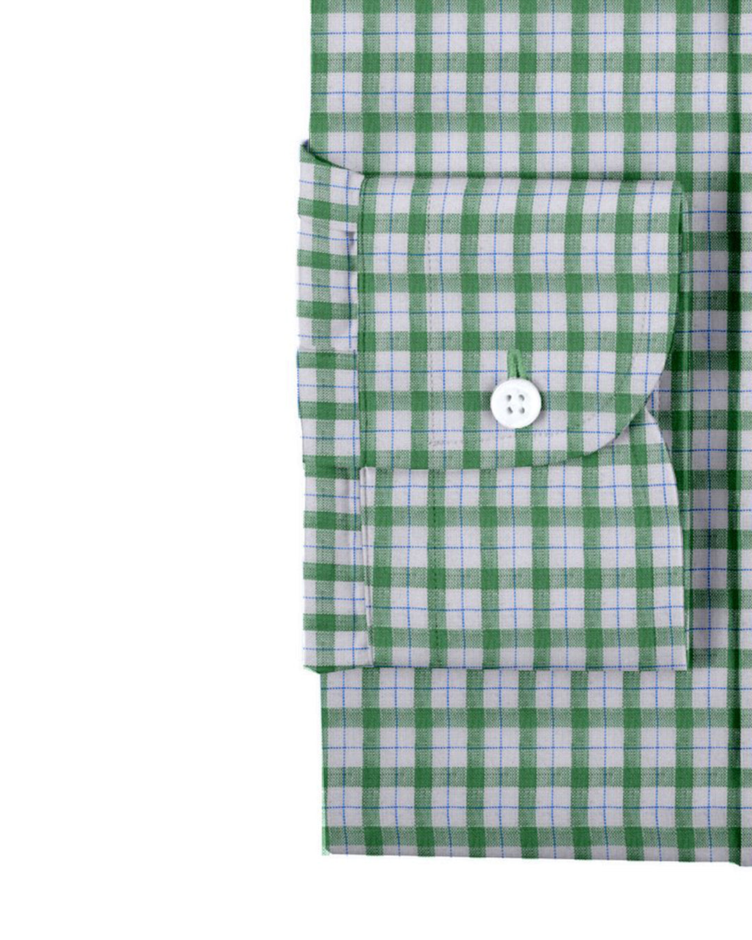 Cuff of the custom linen shirt for men in green and blue checks on white by Luxire Clothing