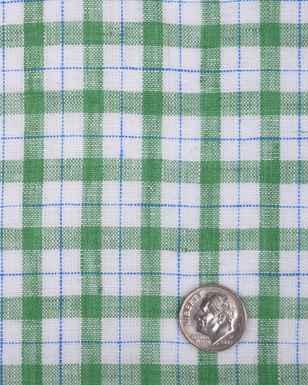 Close up of the custom linen shirt for men in green and blue checks on white by Luxire Clothing