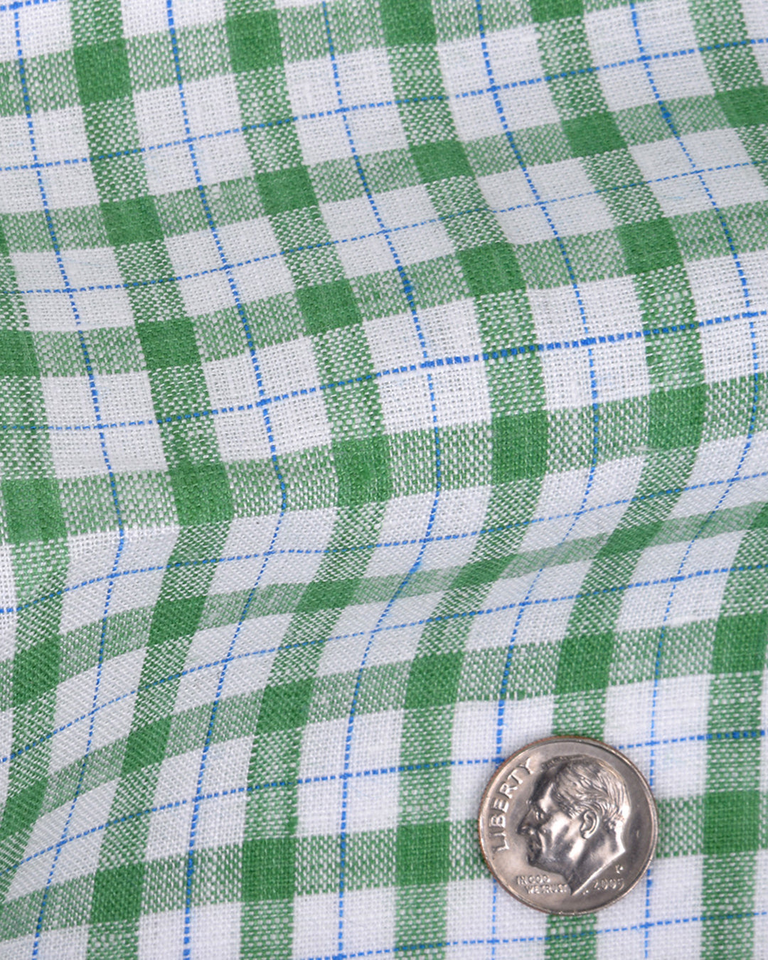 Close up of the custom linen shirt for men in green and blue checks on white by Luxire Clothing 2
