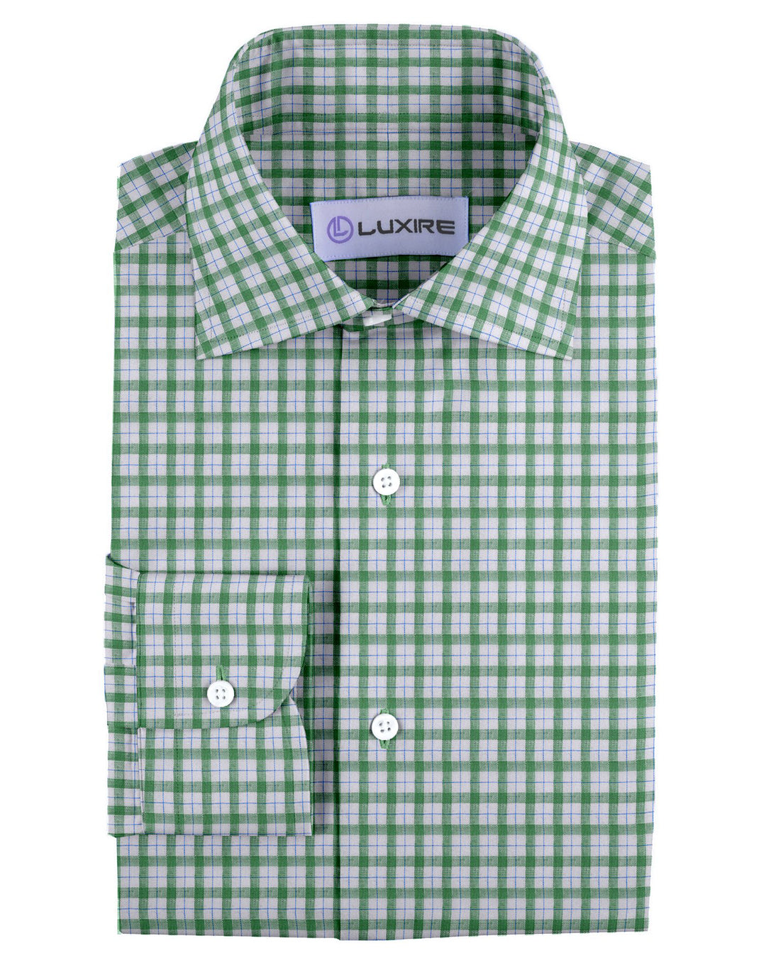 Front of the custom linen shirt for men in green and blue checks on white by Luxire Clothing