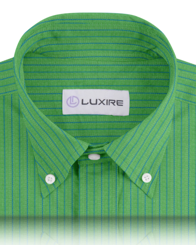 Collar of the custom linen shirt for men in green with blue pencil stripes by Luxire Clothing