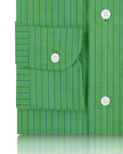 Cuff of the custom linen shirt for men in green with blue pencil stripes by Luxire Clothing