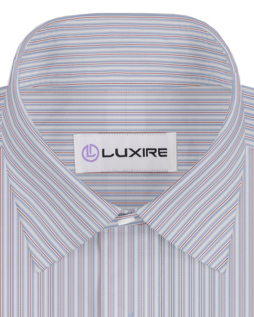 Collar of the custom linen shirt for men in grey with blue and red stripes by Luxire Clothing