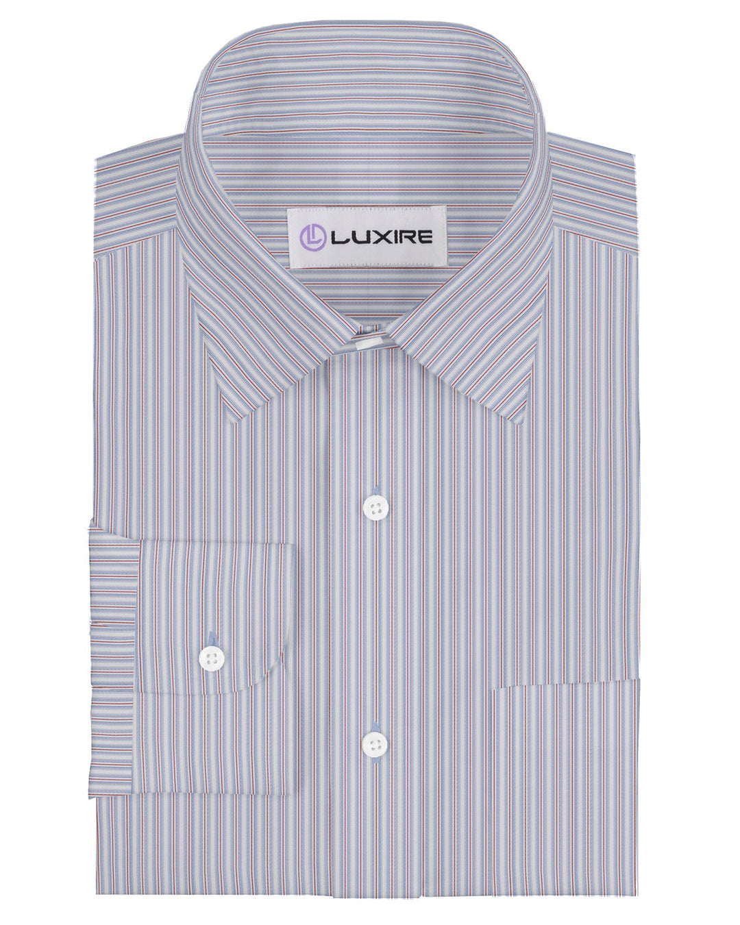 Front of the custom linen shirt for men in grey with blue and red stripes by Luxire Clothing