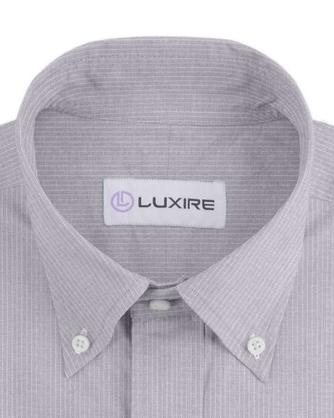 Collar of the custom linen shirt for men in grey with thin white stripes by Luxire Clothing