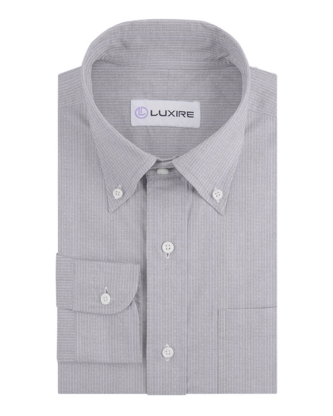 Front of the custom linen shirt for men in grey with thin white stripes by Luxire Clothing