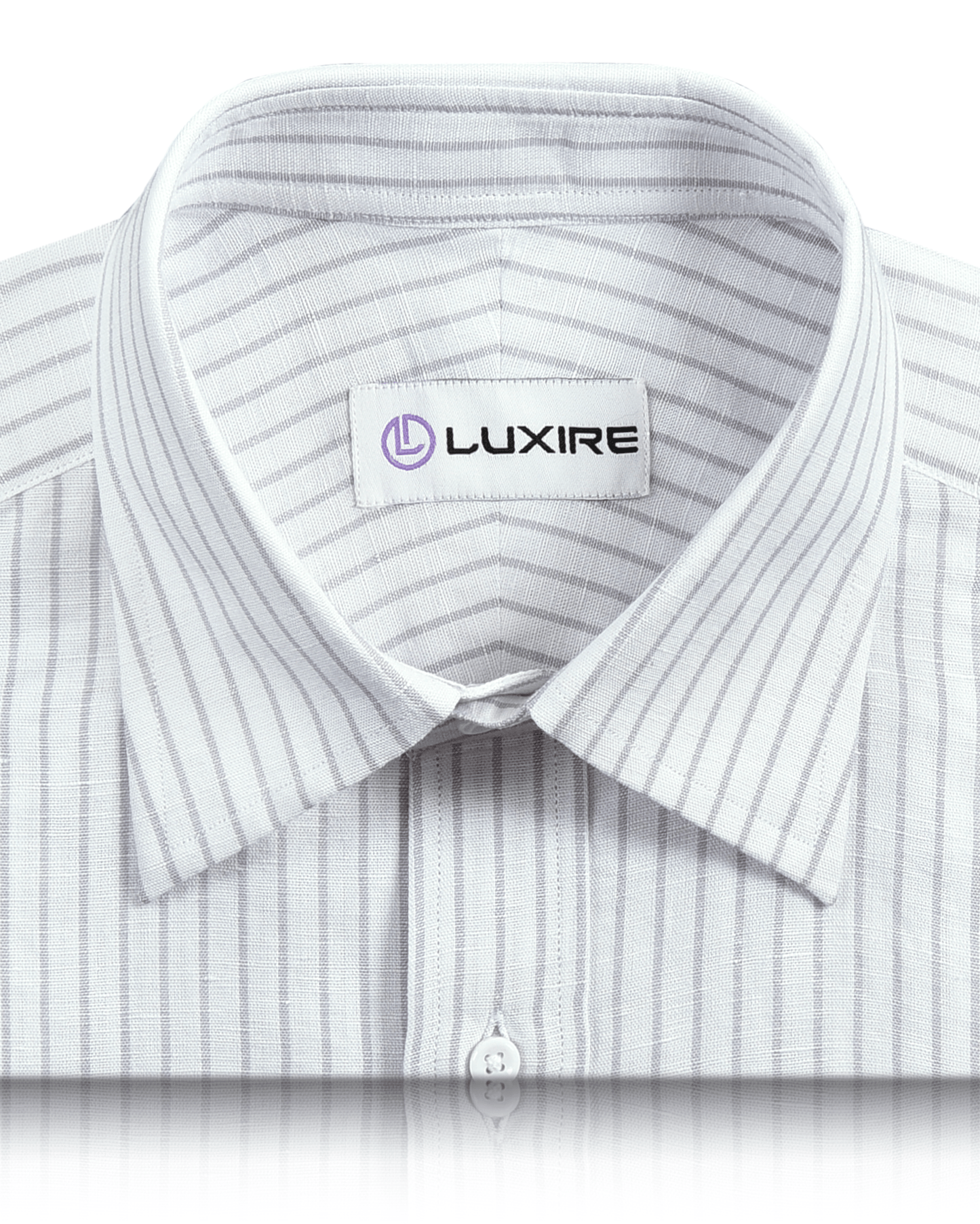 Collar of the custom linen shirt for men in white with grey candy stripes by Luxire Clothing