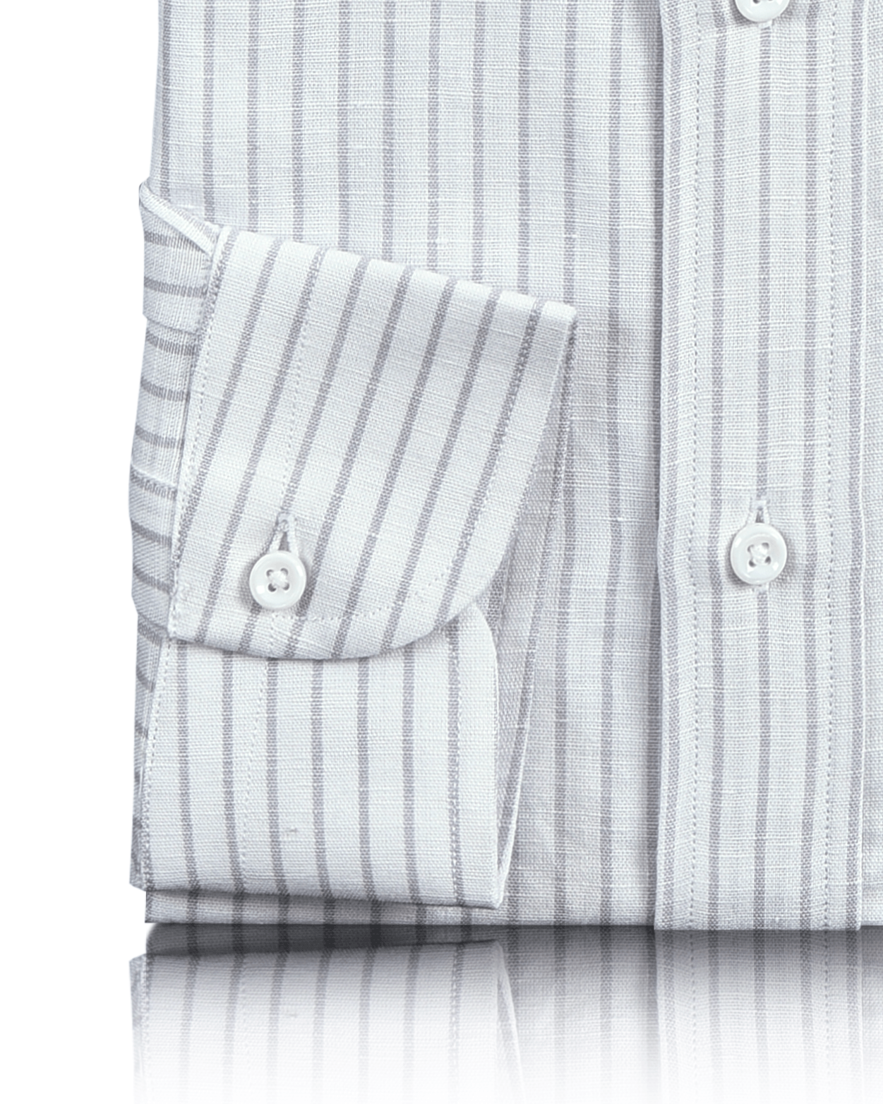 Cuff of the custom linen shirt for men in white with grey candy stripes by Luxire Clothing