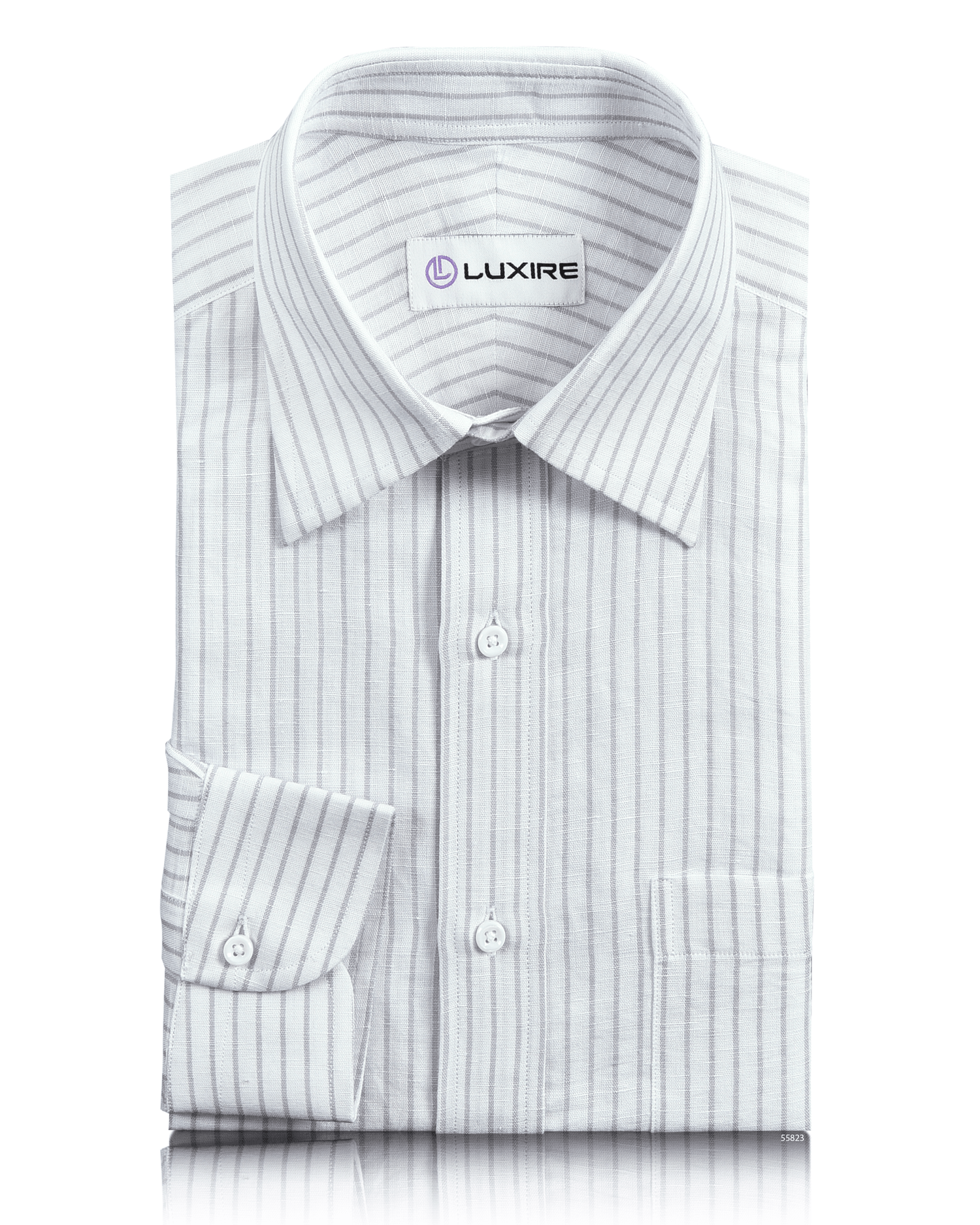 Front of the custom linen shirt for men in white with grey candy stripes by Luxire Clothing