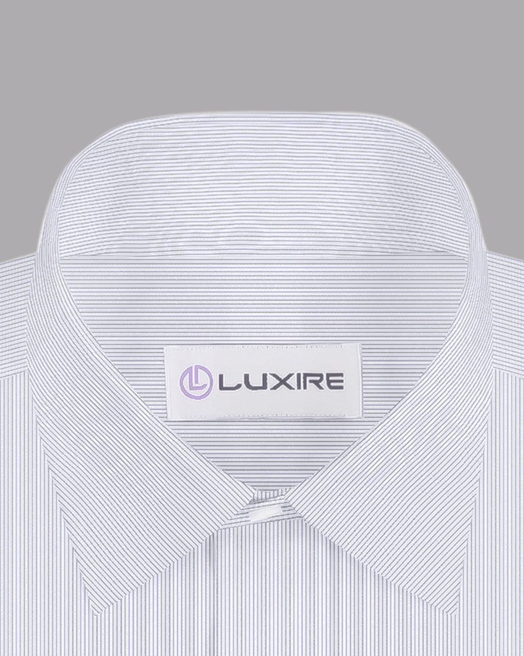 Collar of the custom linen shirt for men in white with ink blue stripes by Luxire Clothing