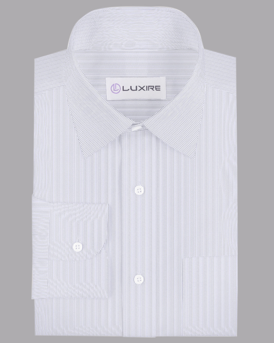 Front of the custom linen shirt for men in white with ink blue stripes by Luxire Clothing