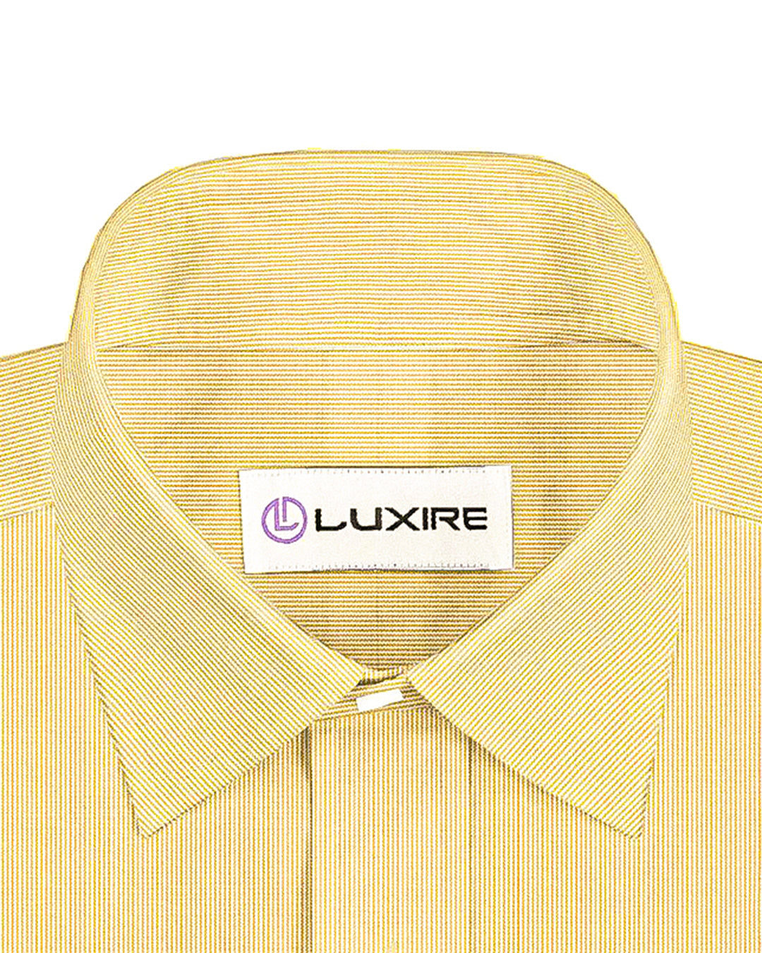 Collar of the custom linen shirt for men in light ecru dress stripes by Luxire Clothing