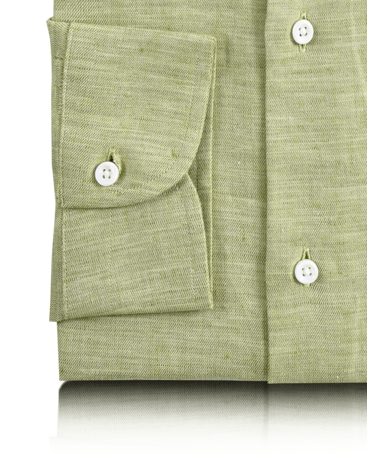Cuff of the custom linen shirt for men in light green chambray by Luxire Clothing