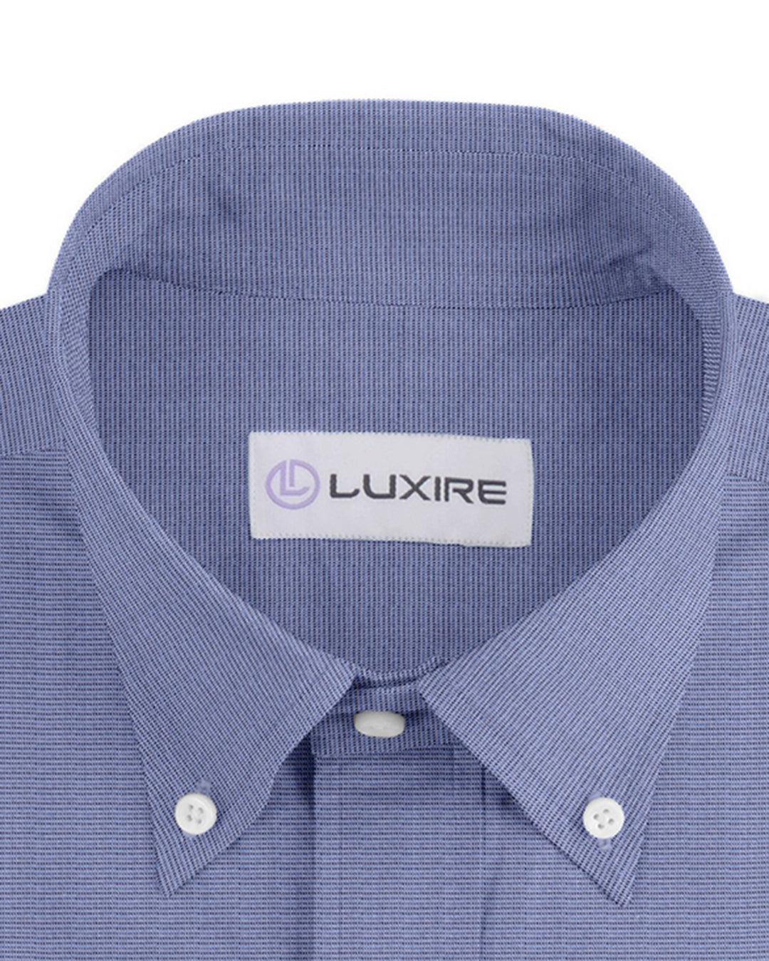 Collar of the custom linen shirt for men in mid blue chambray by Luxire Clothing