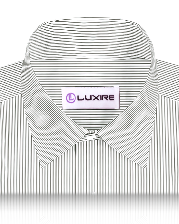 Collar of the custom linen shirt for men in olive green pinstripe by Luxire Clothing