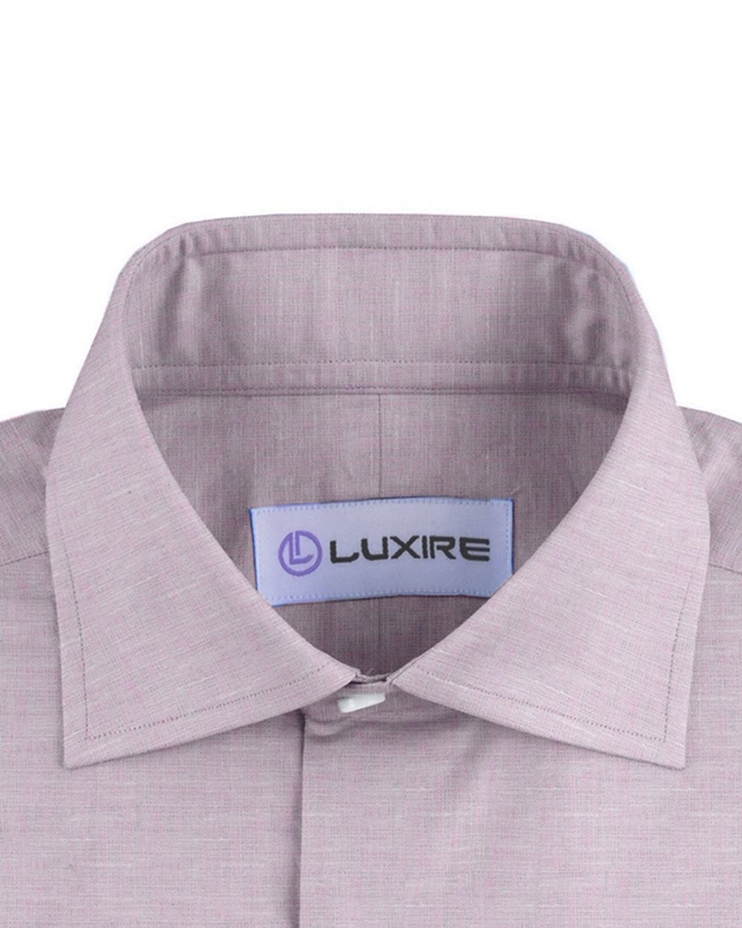 Collar of the custom linen shirt for men in pale pink by Luxire Clothing