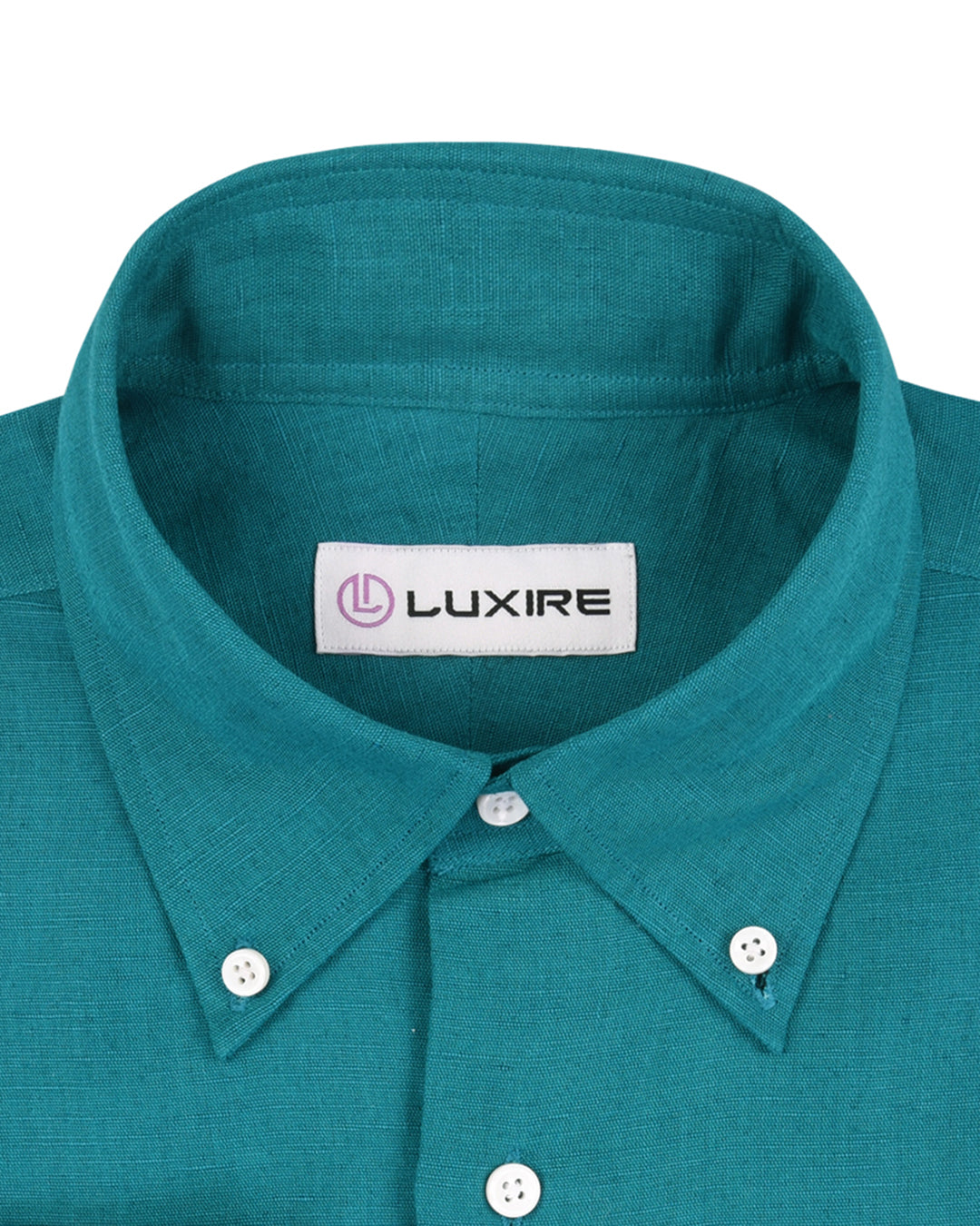 Collar of custom linen shirt for men in persian green by Luxire Clothing