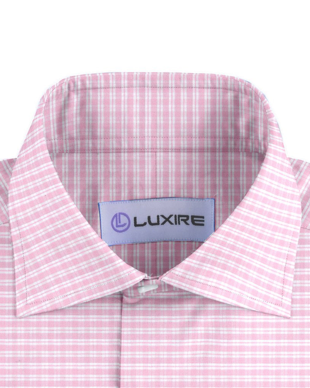 Collar of the custom linen shirt for men in white with light pink checks by Luxire Clothing