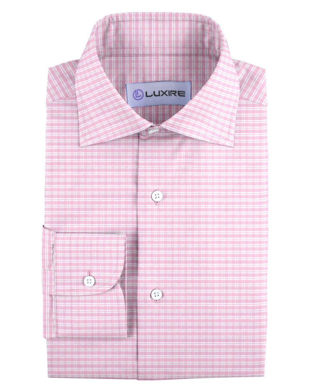 Front of the custom linen shirt for men in white with light pink checks by Luxire Clothing