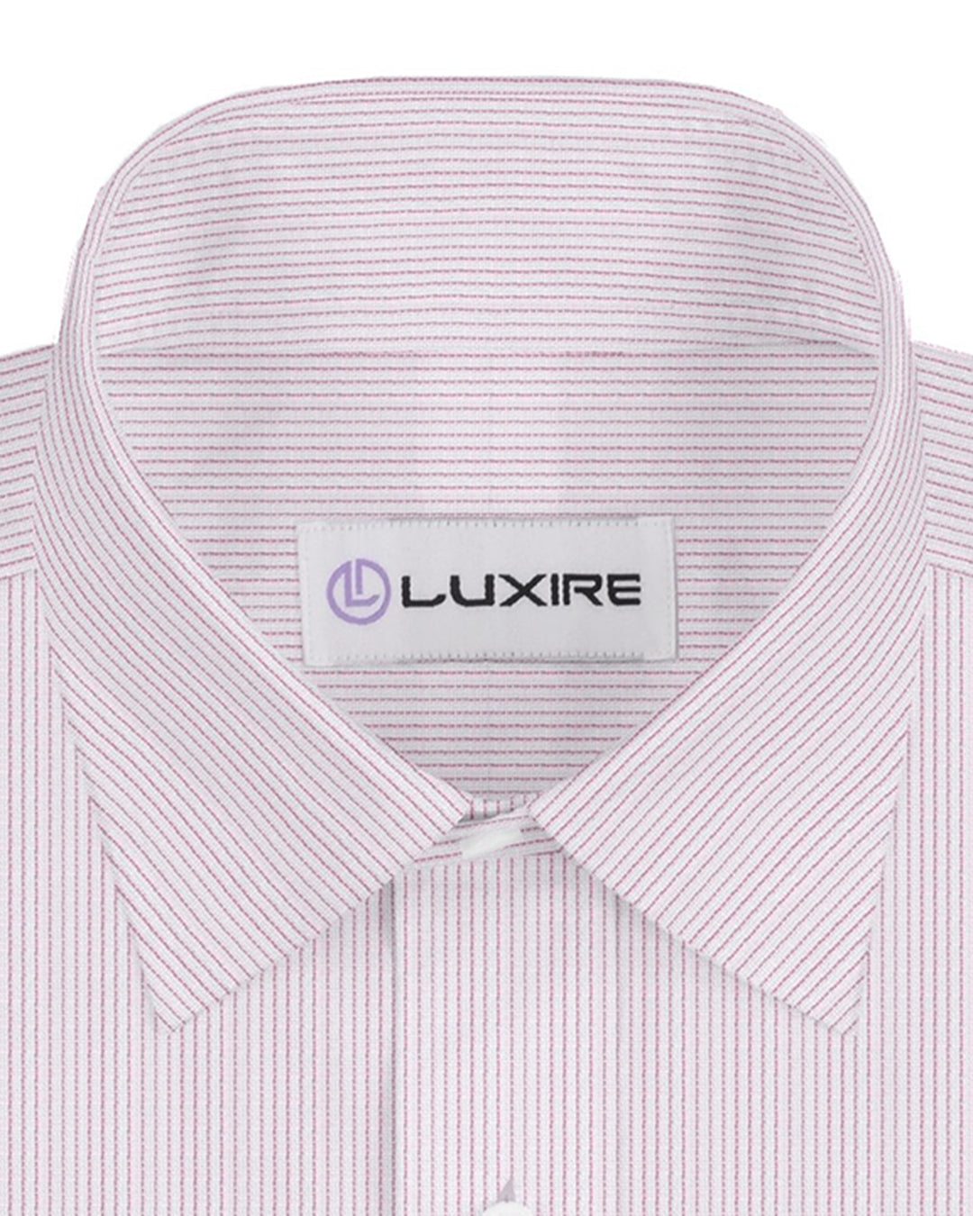 Collar of the custom linen shirt for men in white with light pink stripes by Luxire Clothing