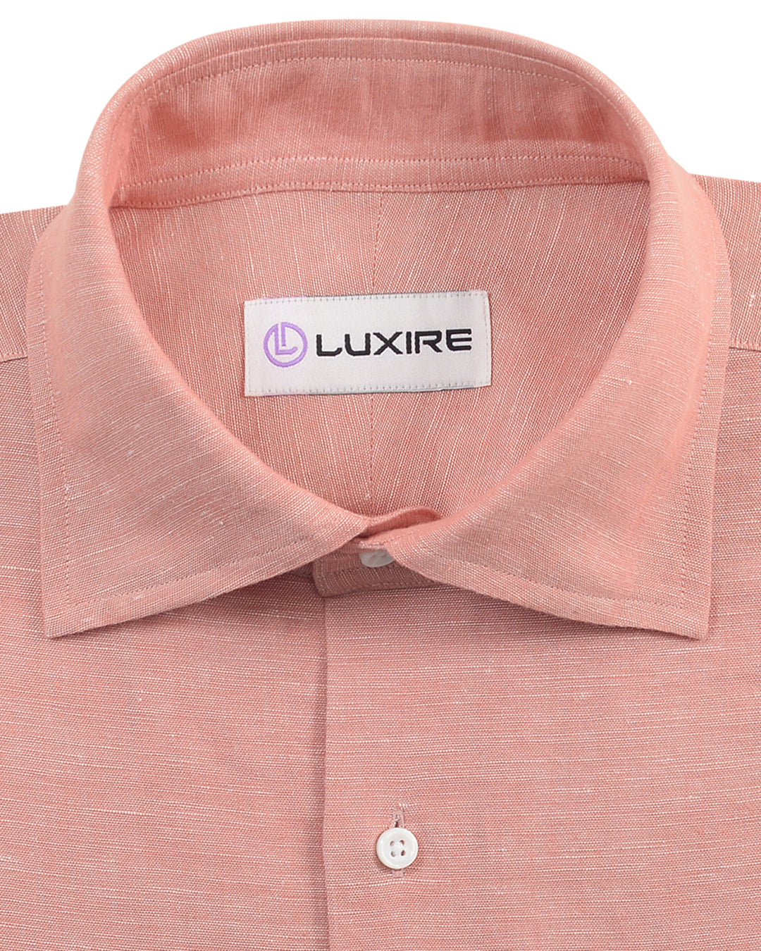 Collar of the custom linen shirt for men in plain red chambray by Luxire Clothing