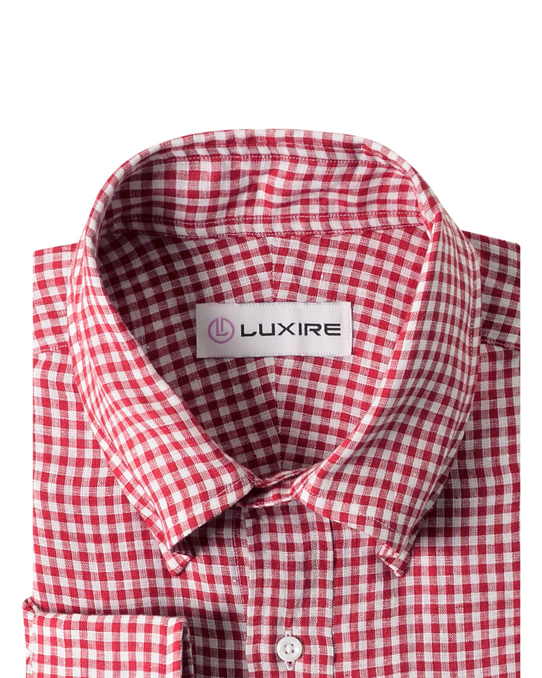 Collar of the custom linen shirt for men in red gingham by Luxire Clothing