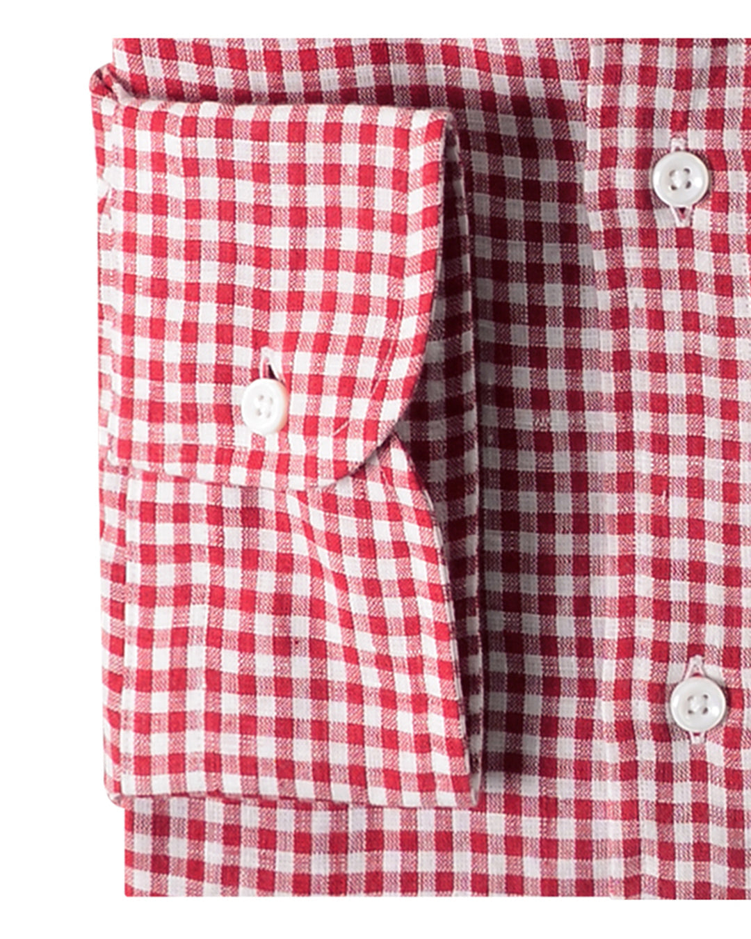 Cuff of the custom linen shirt for men in red gingham by Luxire Clothing